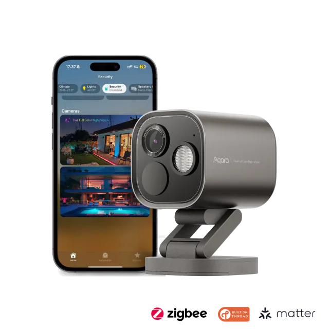 Gray Aqara Camera Hub G5 Pro Wi-Fi camera beside a promotional phone display