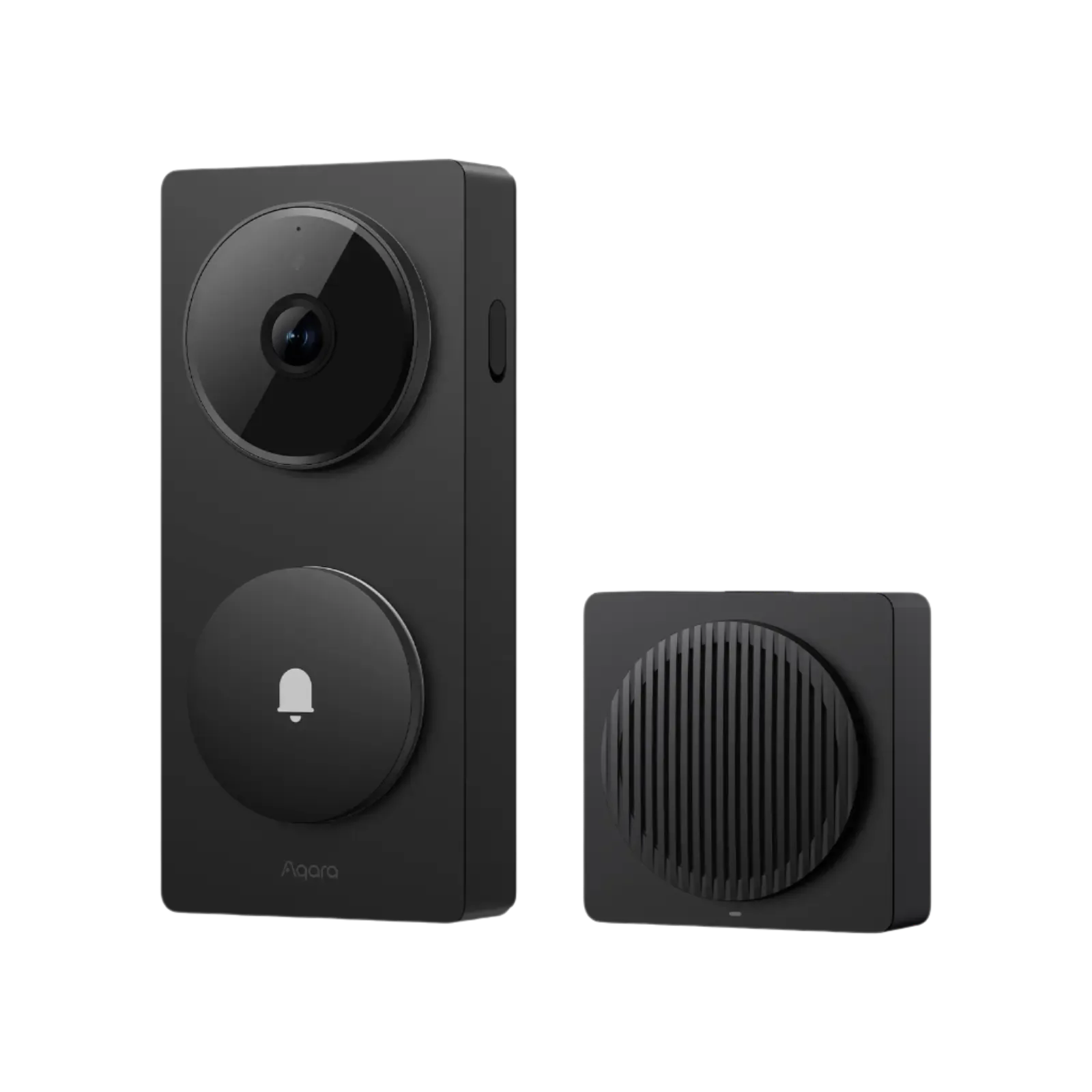 Black Aqara G410 video doorbell beside its matching indoor chime hub