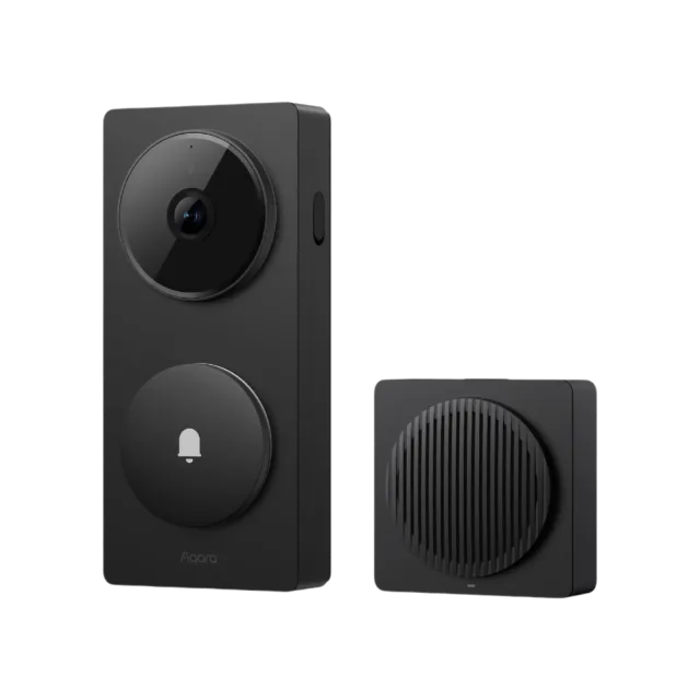 Black Aqara G410 video doorbell beside its matching indoor chime hub