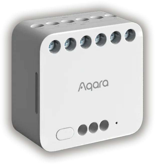 White Aqara Dual Relay Module T2 with nine wiring terminals and front controls