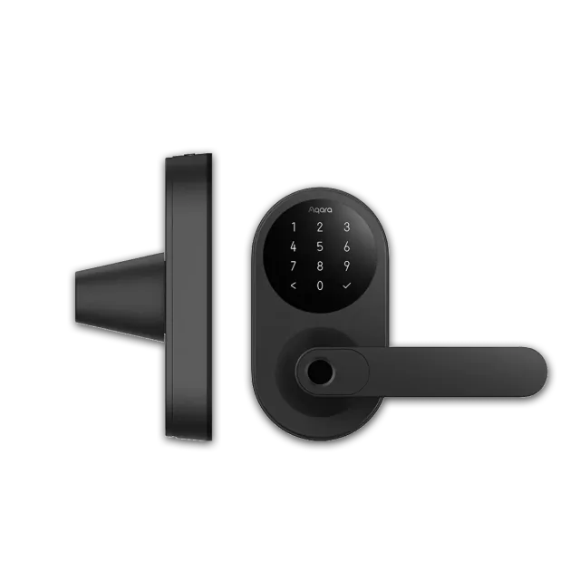 Black Aqara U300 lever lock with a fingerprint reader on the handle