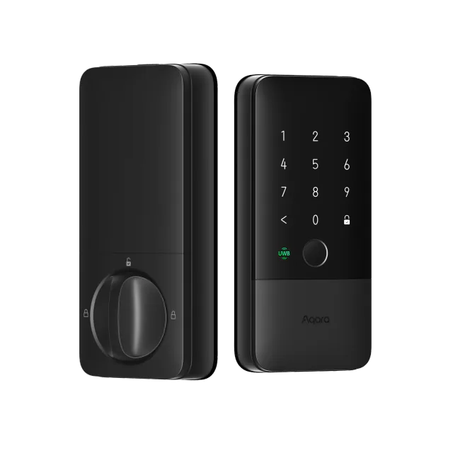 Black Aqara U400 exterior fingerprint keypad and interior deadbolt thumb turn