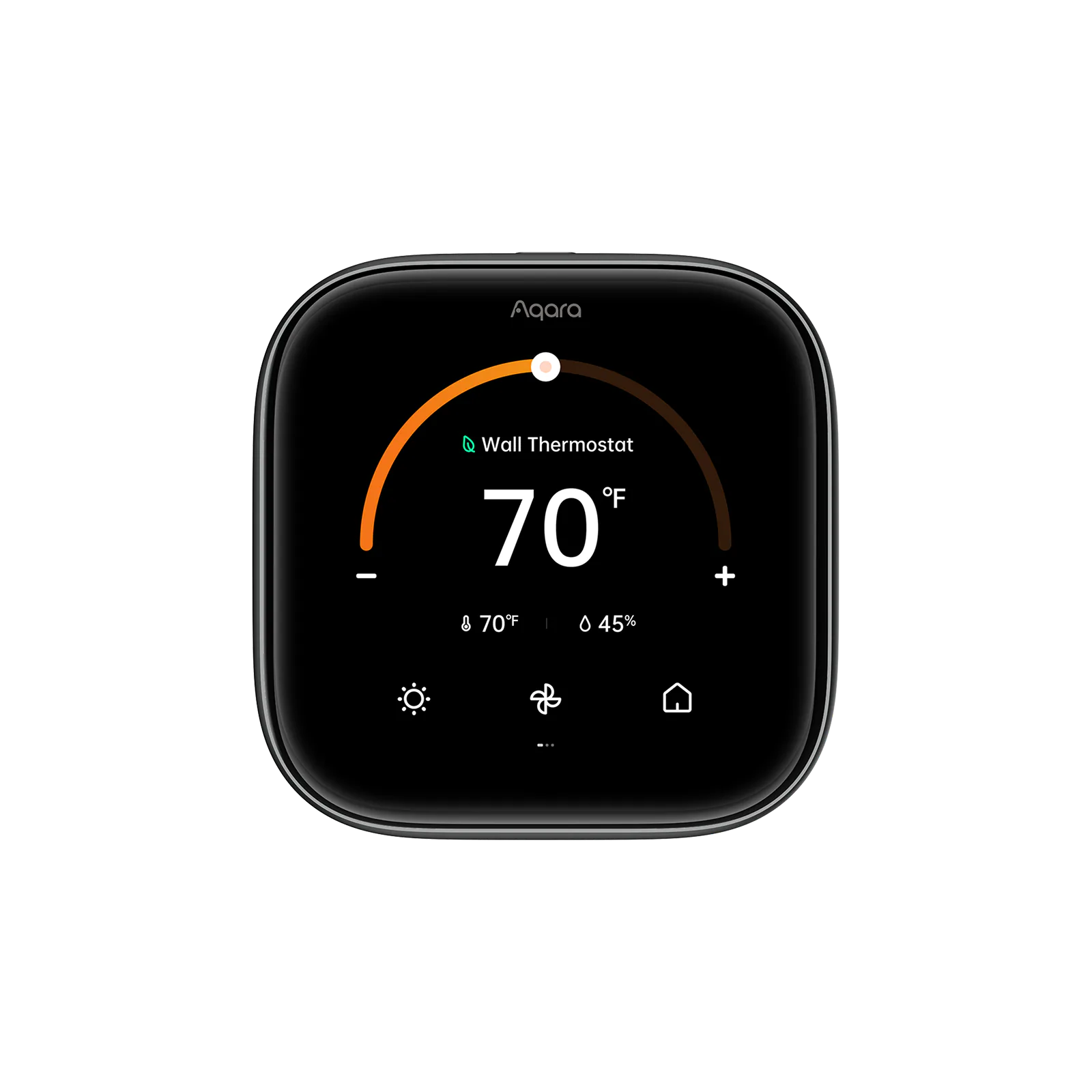 Black Aqara Thermostat Hub W200 with a 70-degree heating setpoint on its color touchscreen