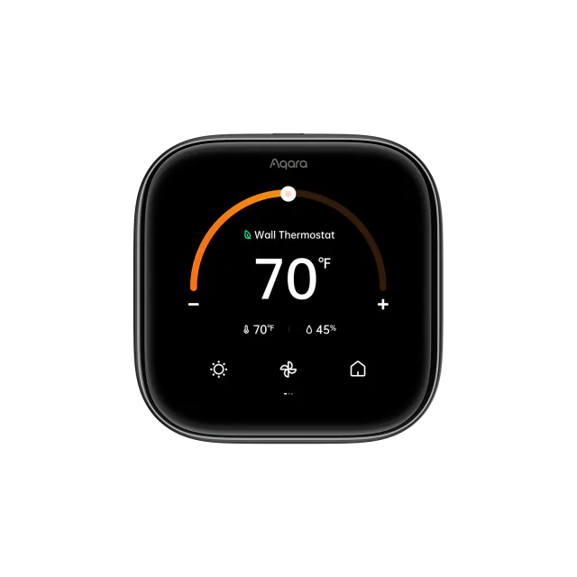 Black Aqara Thermostat Hub W200 with a 70-degree heating setpoint on its color touchscreen