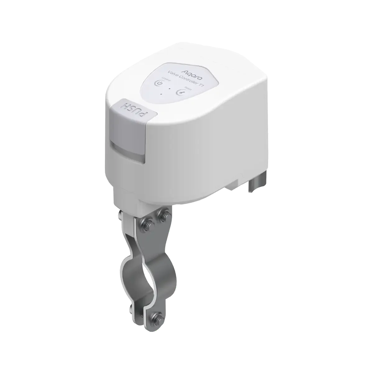 White Aqara Valve Controller T1 with its metal pipe clamp and rotating arm