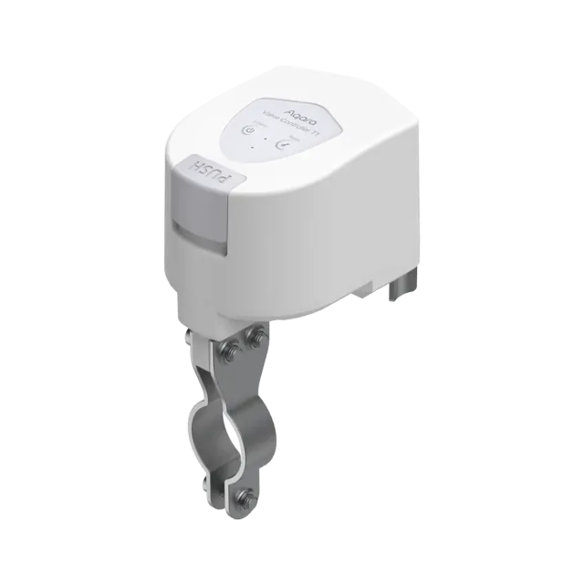 White Aqara Valve Controller T1 with its metal pipe clamp and rotating arm