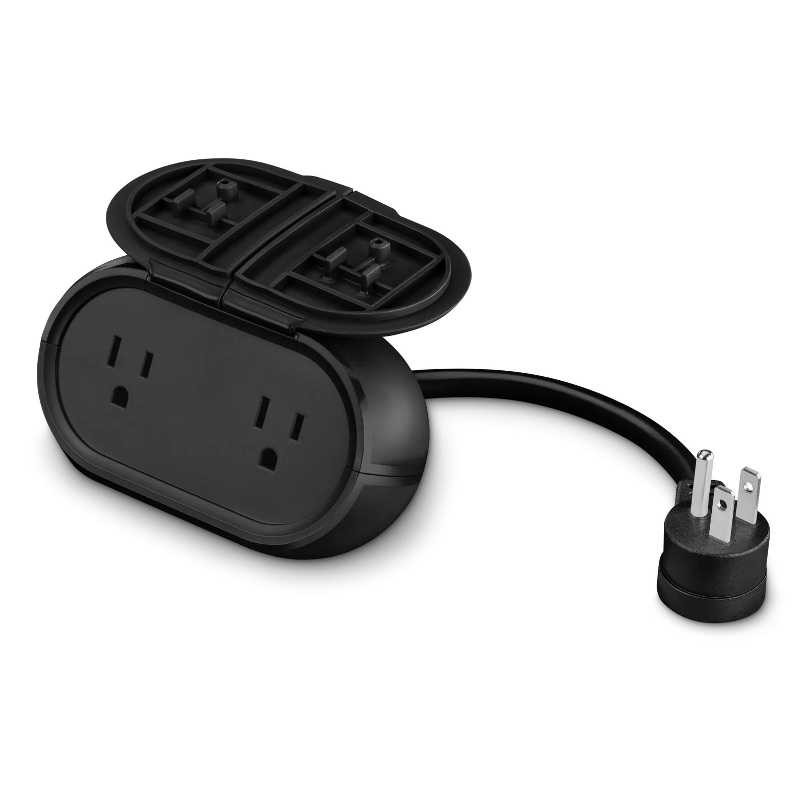 Black Cync outdoor smart plug with two covered North American outlets and an attached power cord