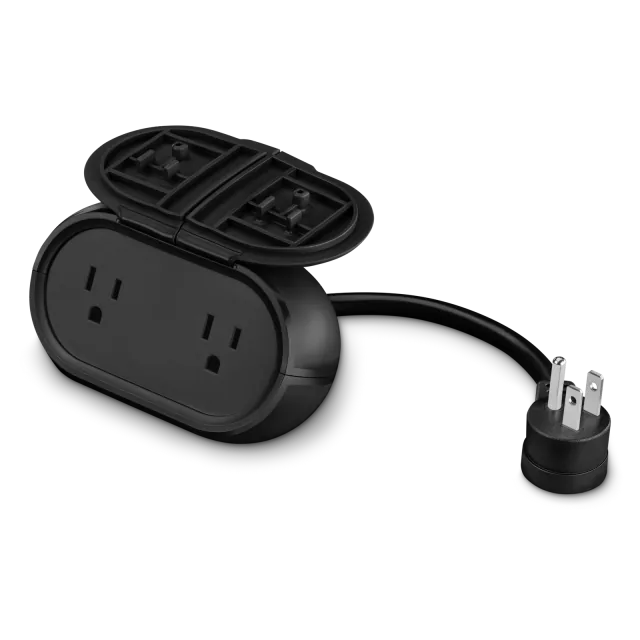Black Cync outdoor smart plug with two covered North American outlets and an attached power cord