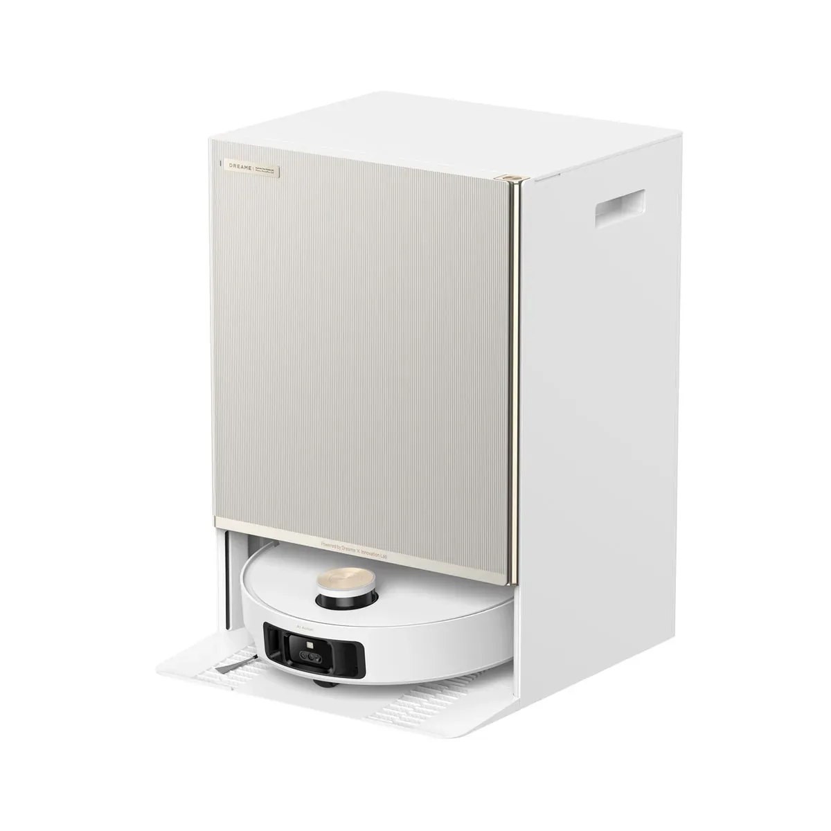 White Dreame Matrix10 Ultra robot docked beneath its large rectangular mop-switching cabinet