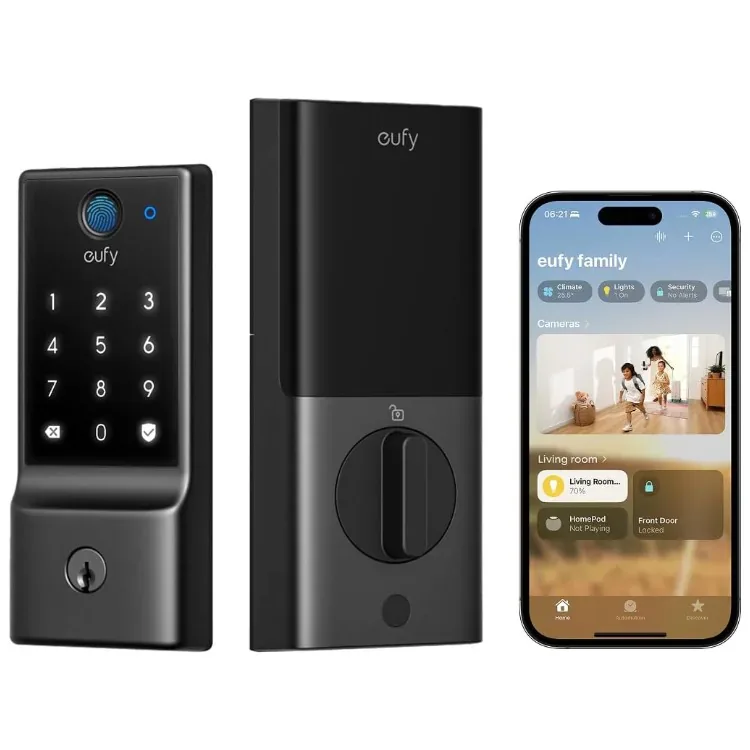 eufy Smart Lock E30 keypad, interior thumb turn, and app screen