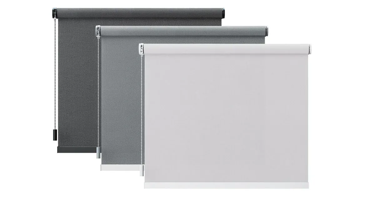 Eve Blinds Collection roller blinds in dark grey, mid-grey and light fabric, each with a pull control
