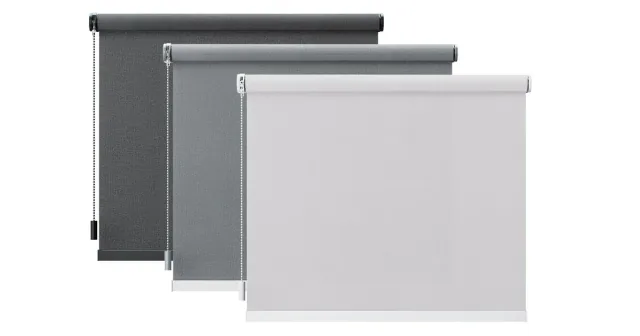 Eve Blinds Collection roller blinds in dark grey, mid-grey and light fabric, each with a pull control