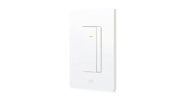 White Eve Dimmer Switch with a broad touch on/off button and a narrow plus/minus rocker at its right edge