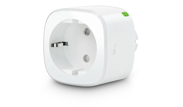 European Eve Energy plug with a recessed Schuko socket and green control button