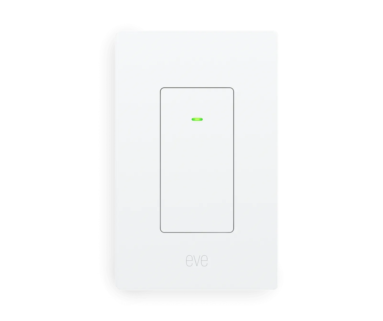 White rectangular Eve Light Switch for North America, with a broad touch surface and green status light