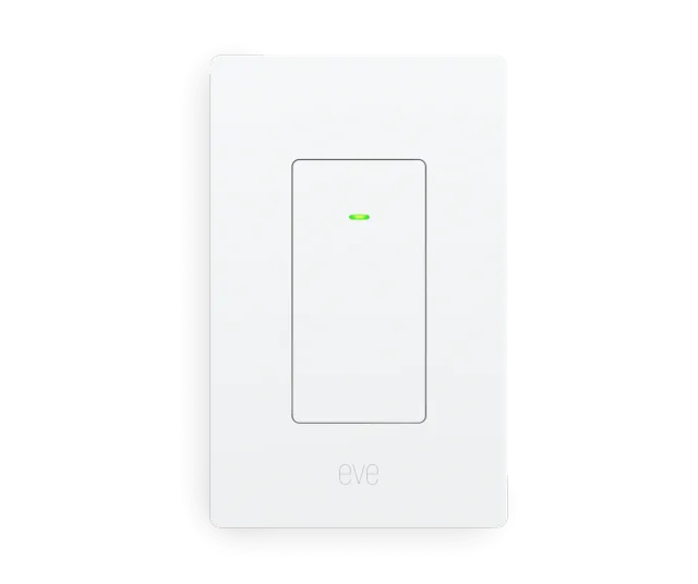 White rectangular Eve Light Switch for North America, with a broad touch surface and green status light