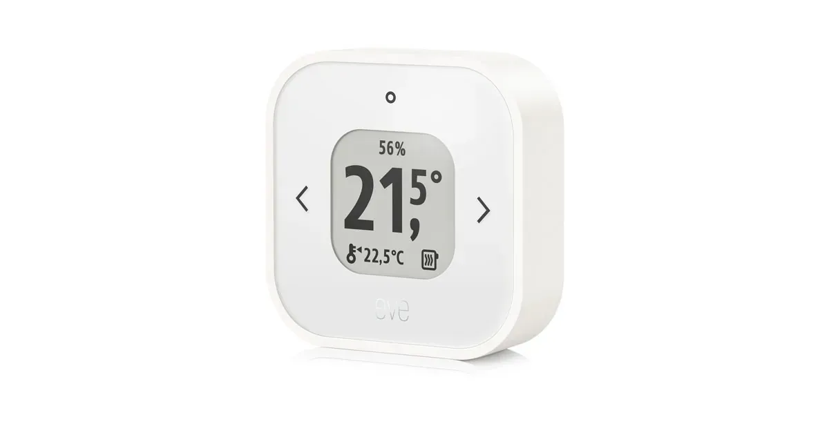 Eve Thermo Control showing room temperature, target temperature and humidity on its E-Ink screen