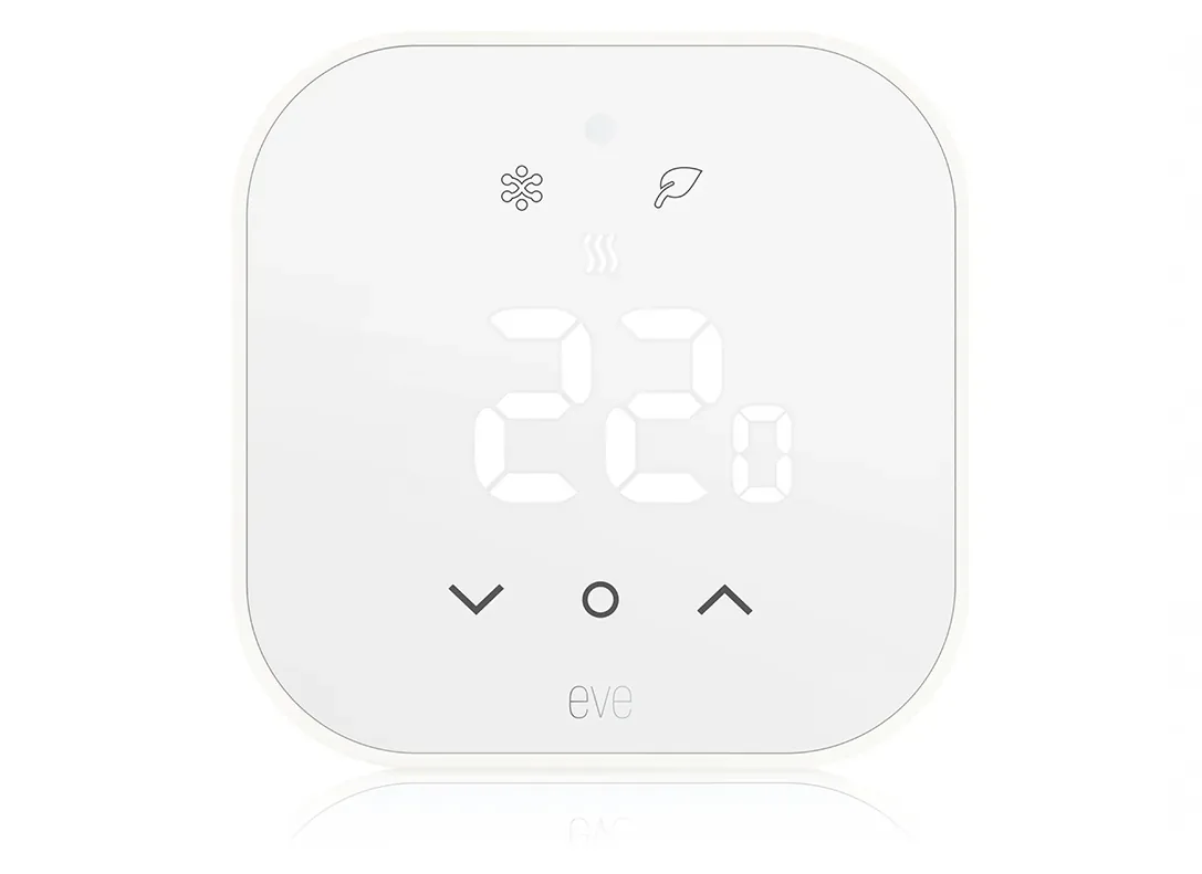 Front view of the European Eve Thermostat with a 22-degree display and touch controls
