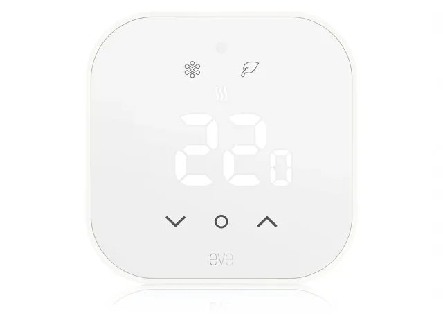 Front view of the European Eve Thermostat with a 22-degree display and touch controls
