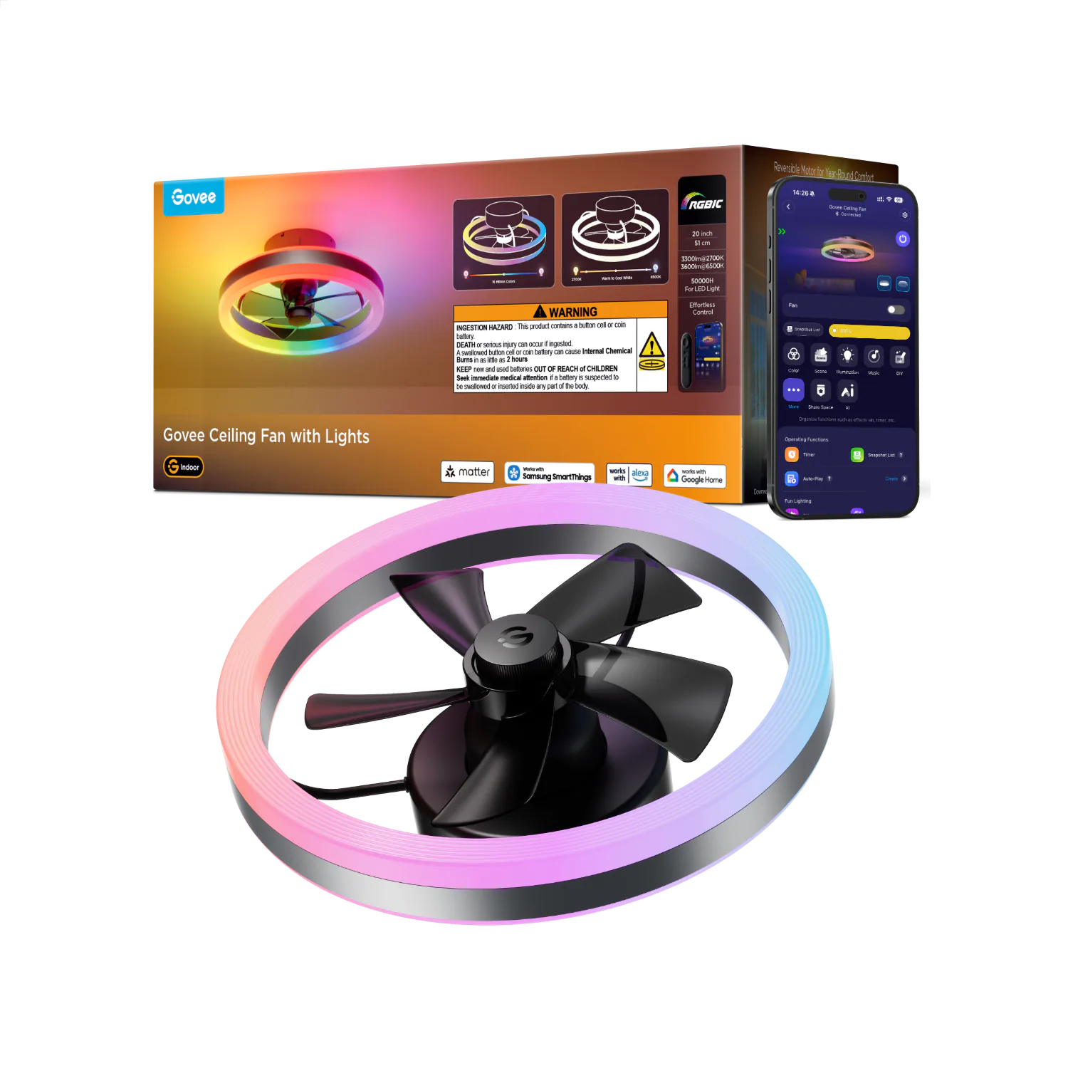 Govee 20-inch fan with dark blades inside a colored light ring, beside its packaging and app