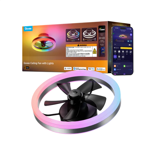 Govee 20-inch fan with dark blades inside a colored light ring, beside its packaging and app