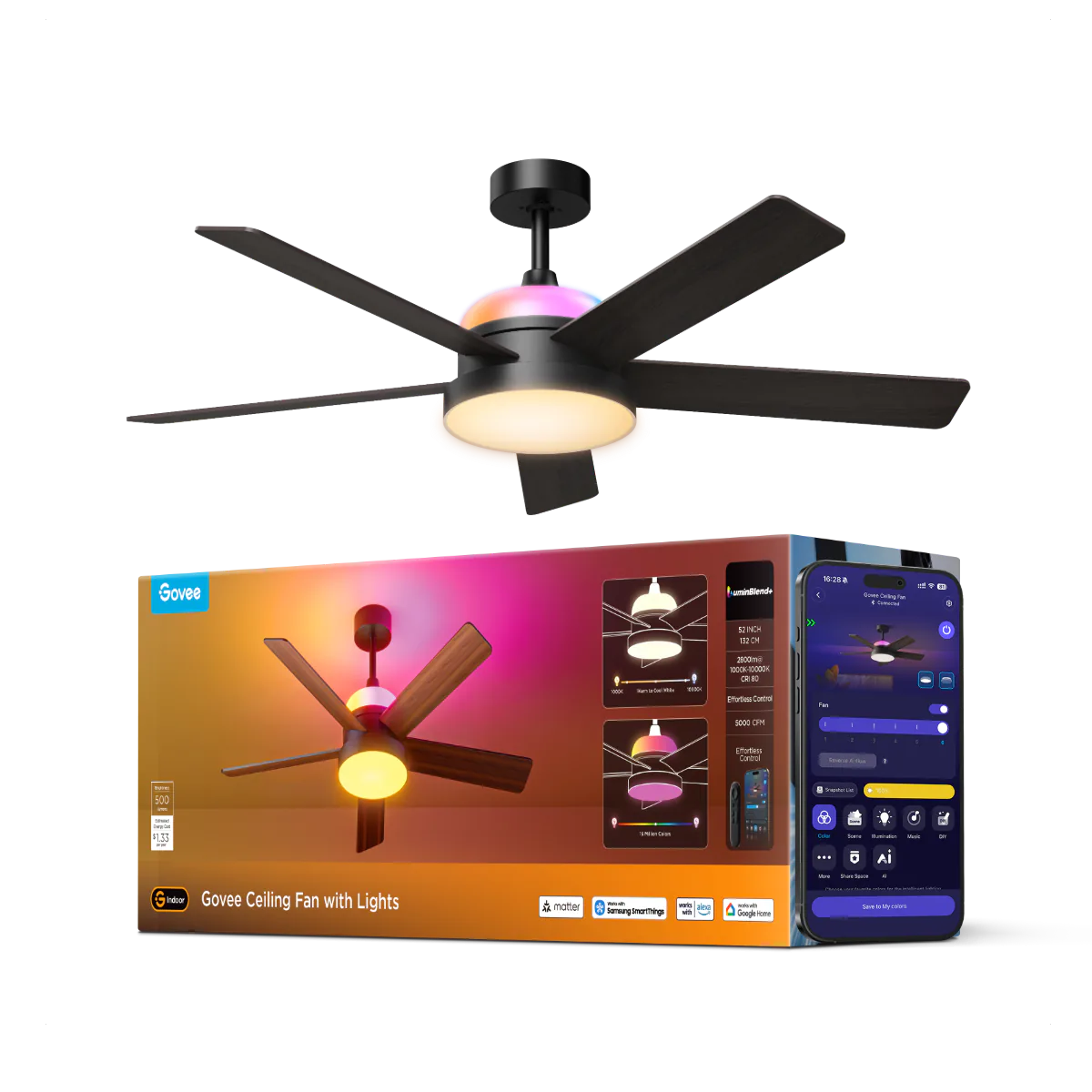 Govee 52-inch ceiling fan with five dark blades, main light and colored uplight beside its packaging