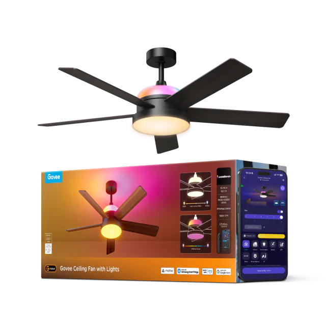 Govee 52-inch ceiling fan with five dark blades, main light and colored uplight beside its packaging