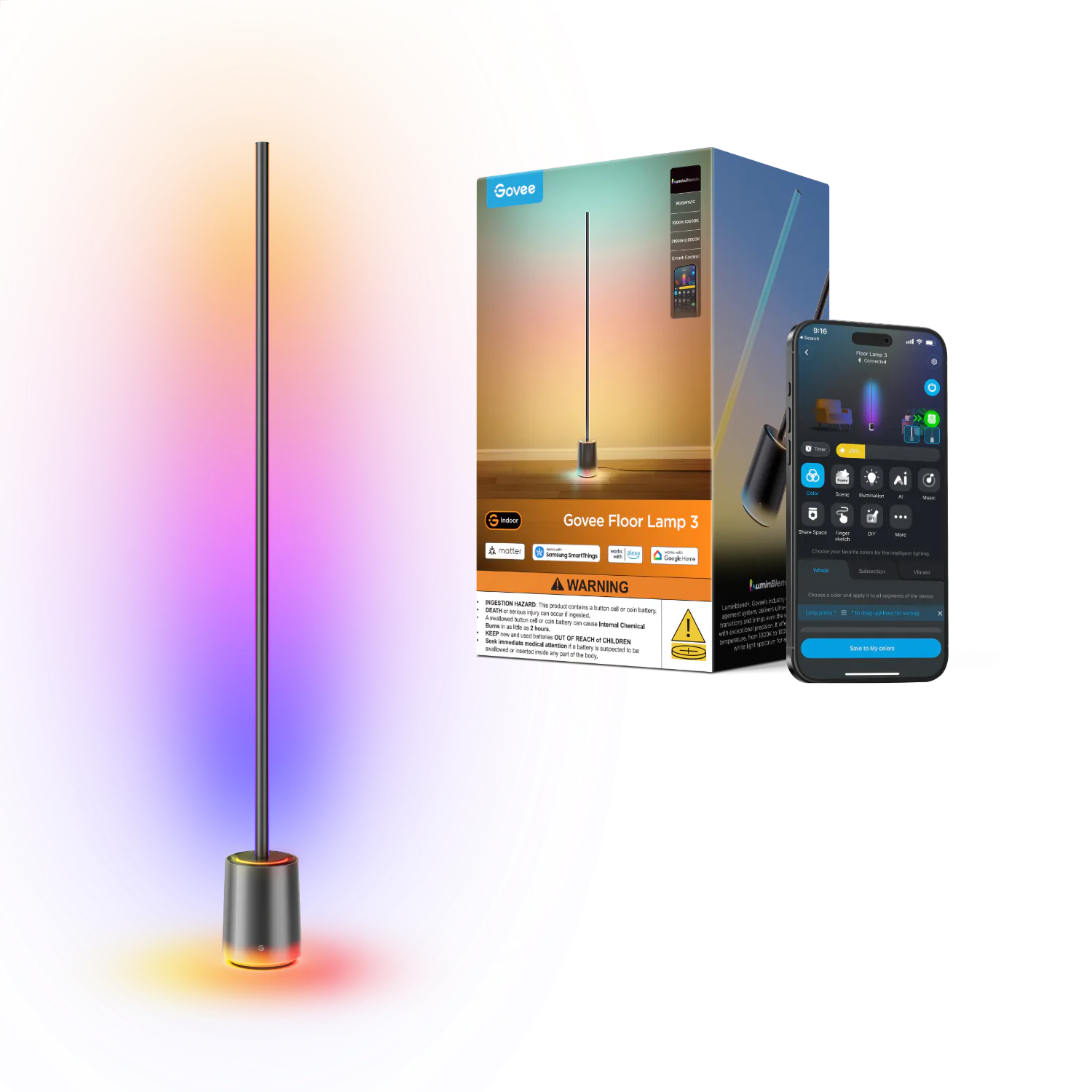 Govee Floor Lamp 3 with illuminated base, color glow, retail box and app preview