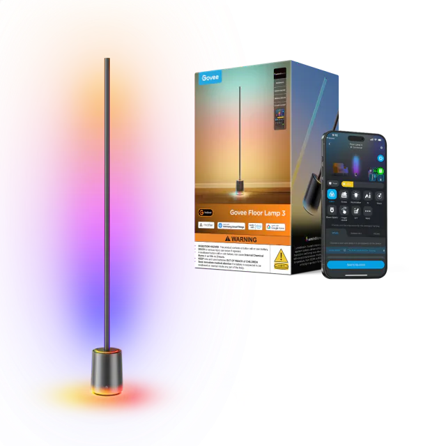 Govee Floor Lamp 3 with illuminated base, color glow, retail box and app preview