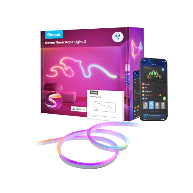 Govee Neon Rope Light 2 three-metre package, bend clips and white rope glowing in several colors beside a phone