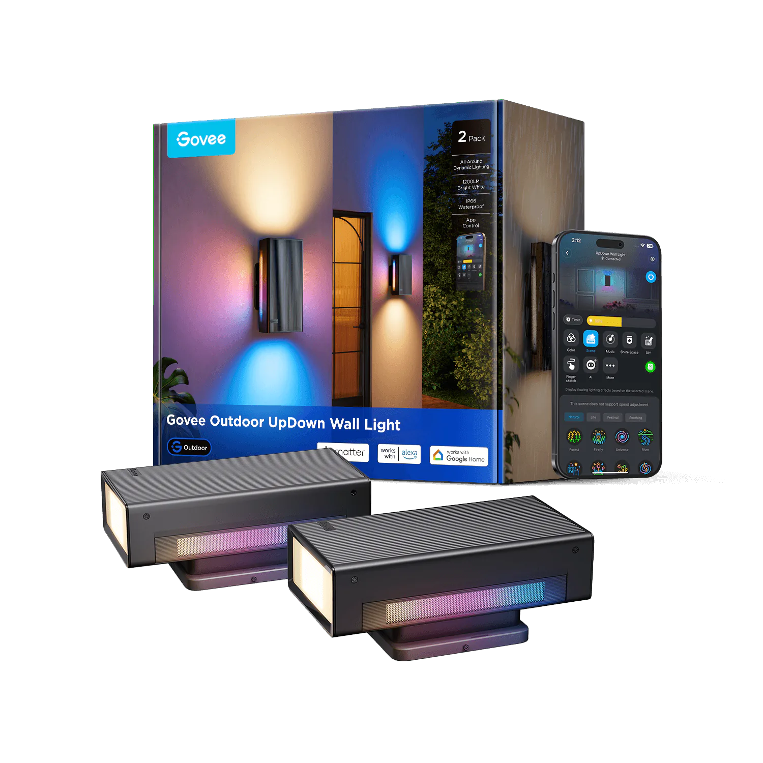 Two dark Govee Outdoor UpDown Wall Lights with their two-pack box showing colored upper, lower and side lighting