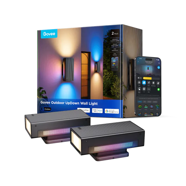Two dark Govee Outdoor UpDown Wall Lights with their two-pack box showing colored upper, lower and side lighting