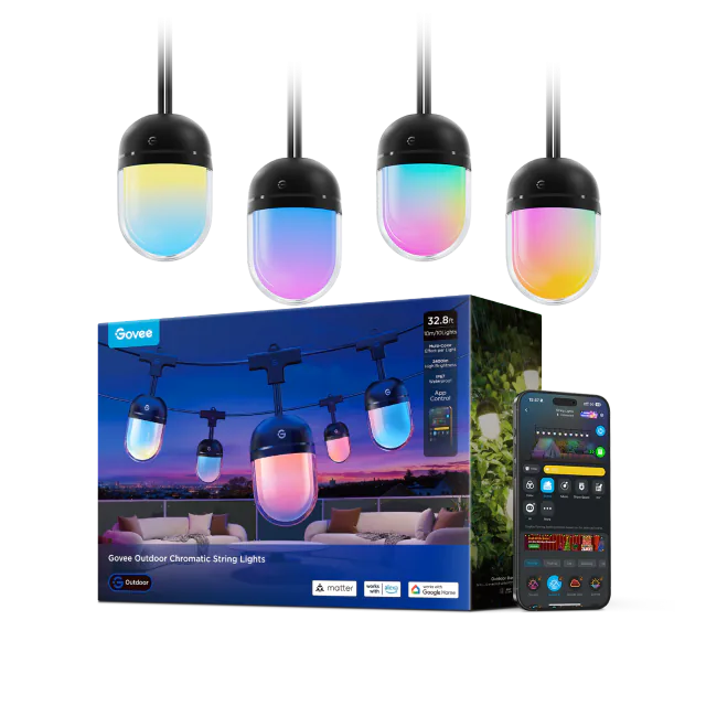 Govee Outdoor Chromatic String Lights ten-metre package with ten bulbs, gradient-lit hanging bulbs and a phone