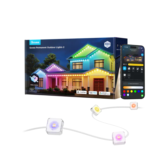 Govee Permanent Outdoor Lights 2 white one-hundred-foot package beside its connected roofline lights and a phone