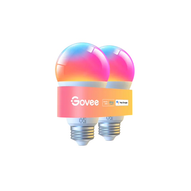 Two white Govee A19 bulbs with E26 screw bases and colored bands around their housings