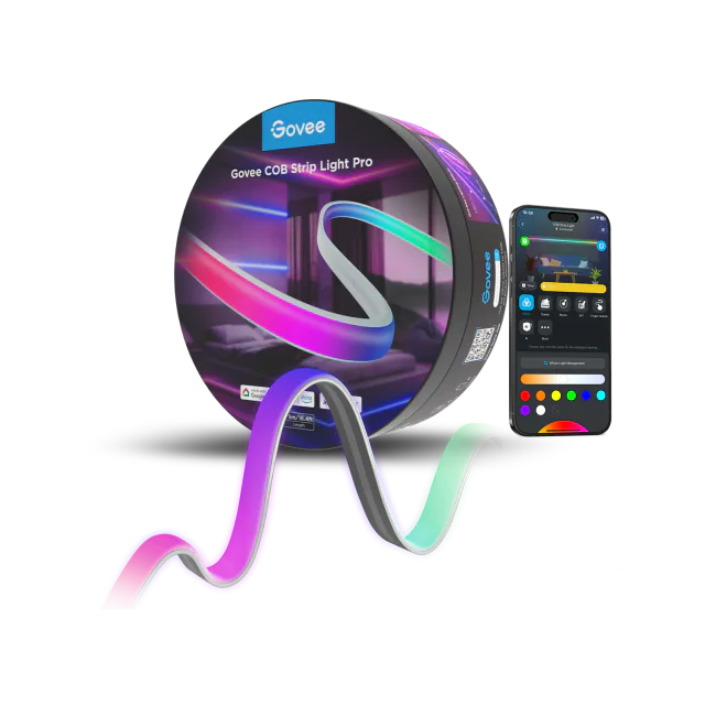 Govee COB Strip Light Pro five-metre package beside its glowing diffused strip and a phone showing the Govee app