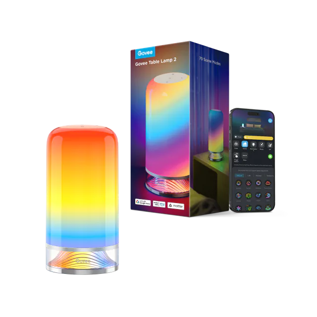 Govee Table Lamp 2 glowing in several colors beside its retail box and app preview