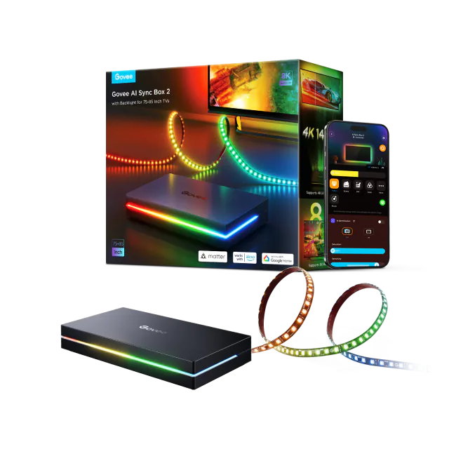 Govee AI Sync Box 2 with its 75–85-inch TV backlight strip, HDMI box and matching package