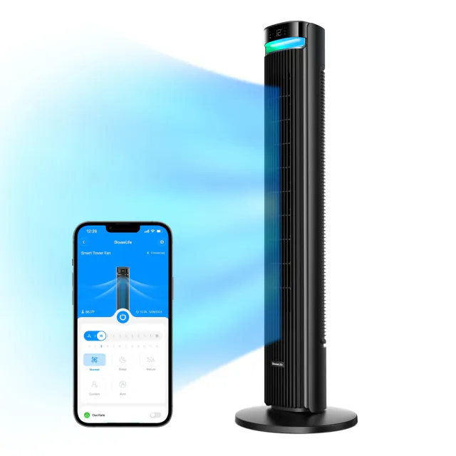 Black GoveeLife Tower Fan 2 Max with a colored light strip, top display and round base