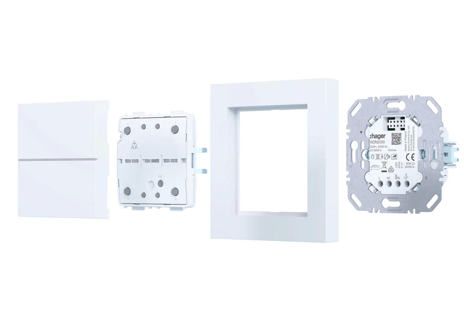 Official Hager Vertriebsgesellschaft press image showing the four-button WAC1020 module, white cover and frame, and a compatible flush-mounted insert