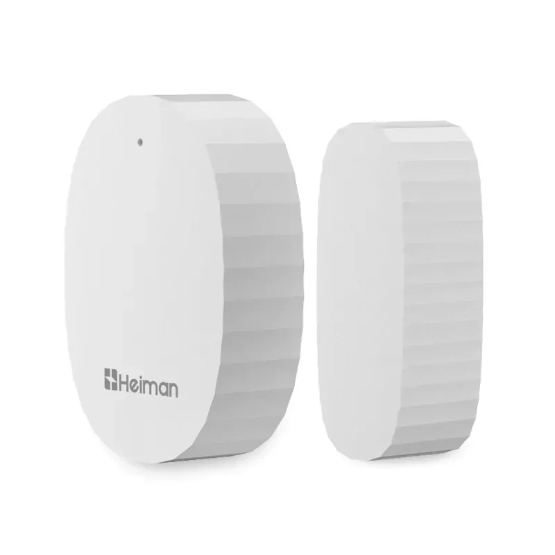 White Heiman D1-M contact sensor with its matching narrow magnet