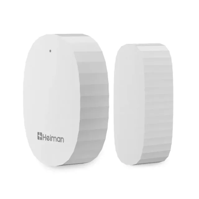White Heiman D1-M contact sensor with its matching narrow magnet