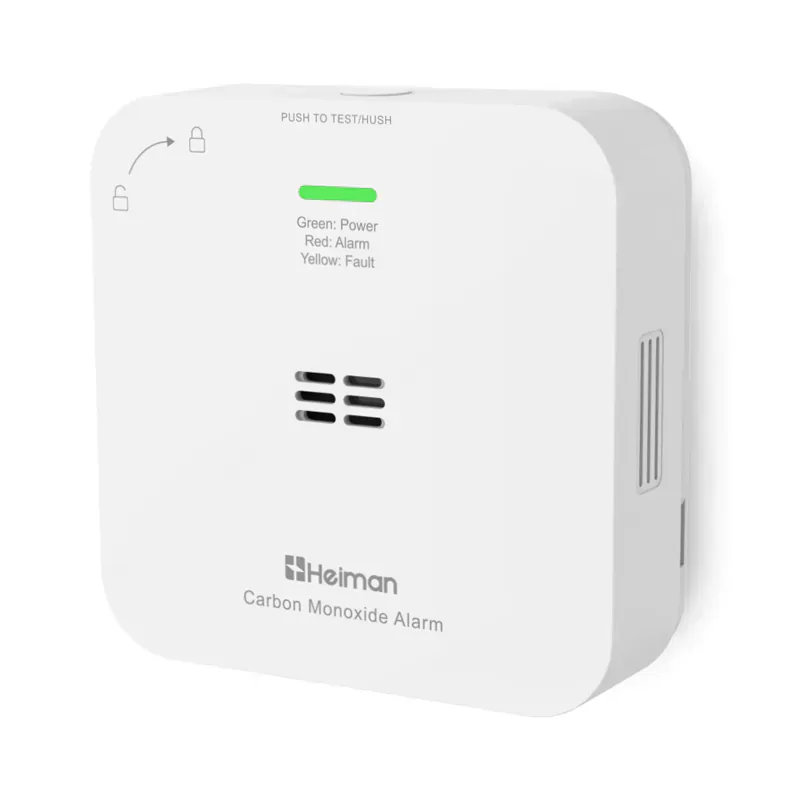 Square white Heiman HS-720ES-M CO alarm with status indicator and no digital display