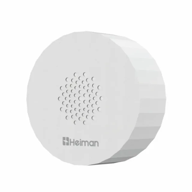 Small round white Heiman L1-M water sensor with a patterned top and ridged sides