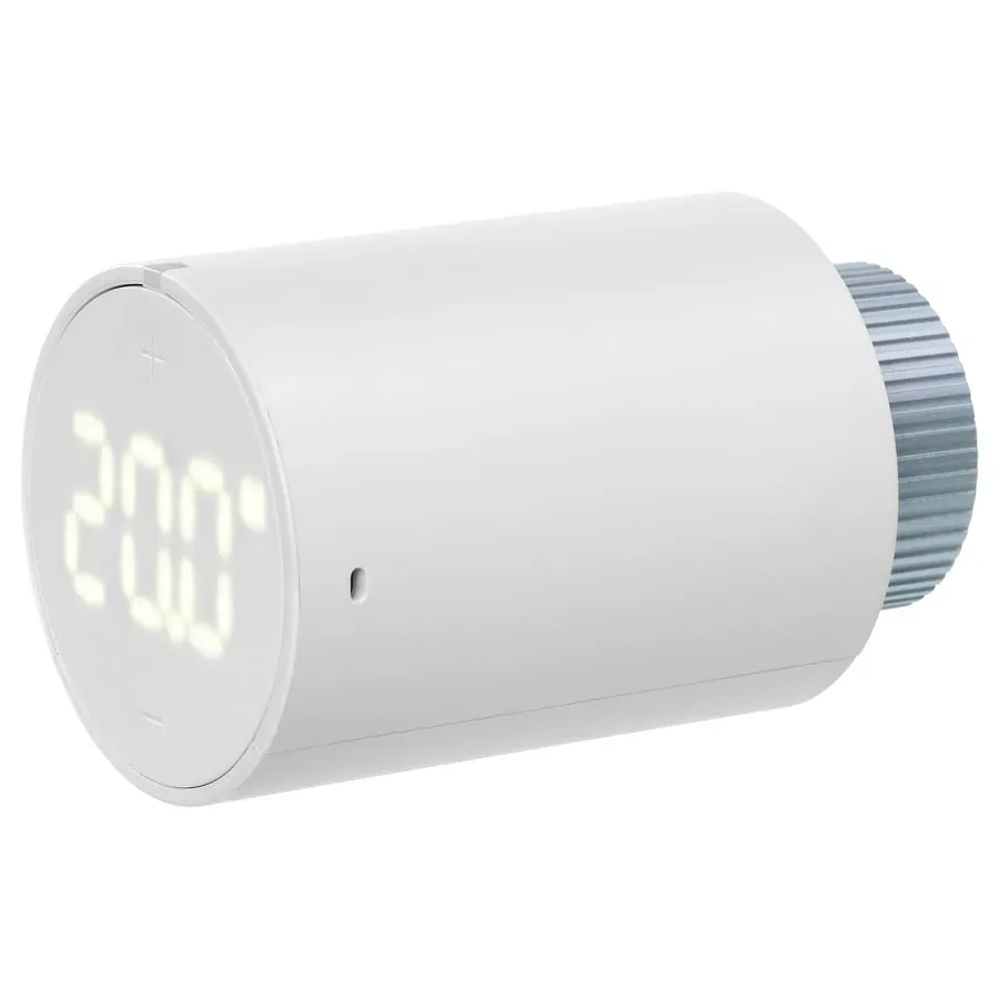 White IKEA LILJEBAGGE radiator thermostat with digital display and metal mounting nut