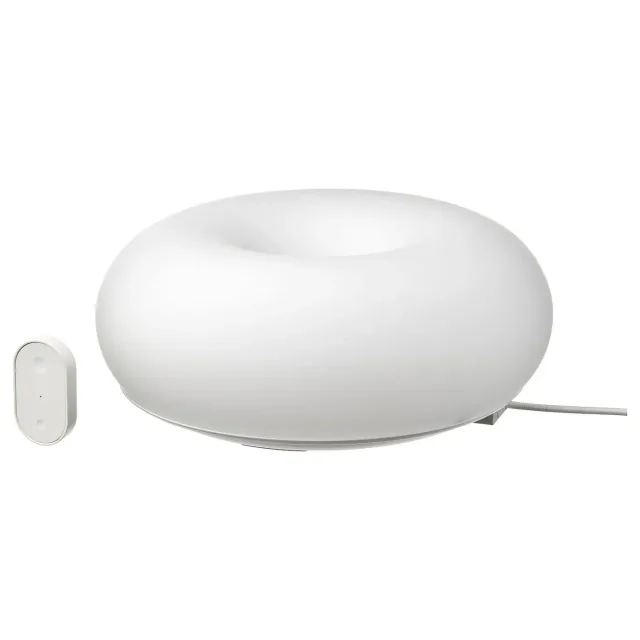 White smart VARMBLIXT donut table/wall lamp with included BILRESA two-button remote