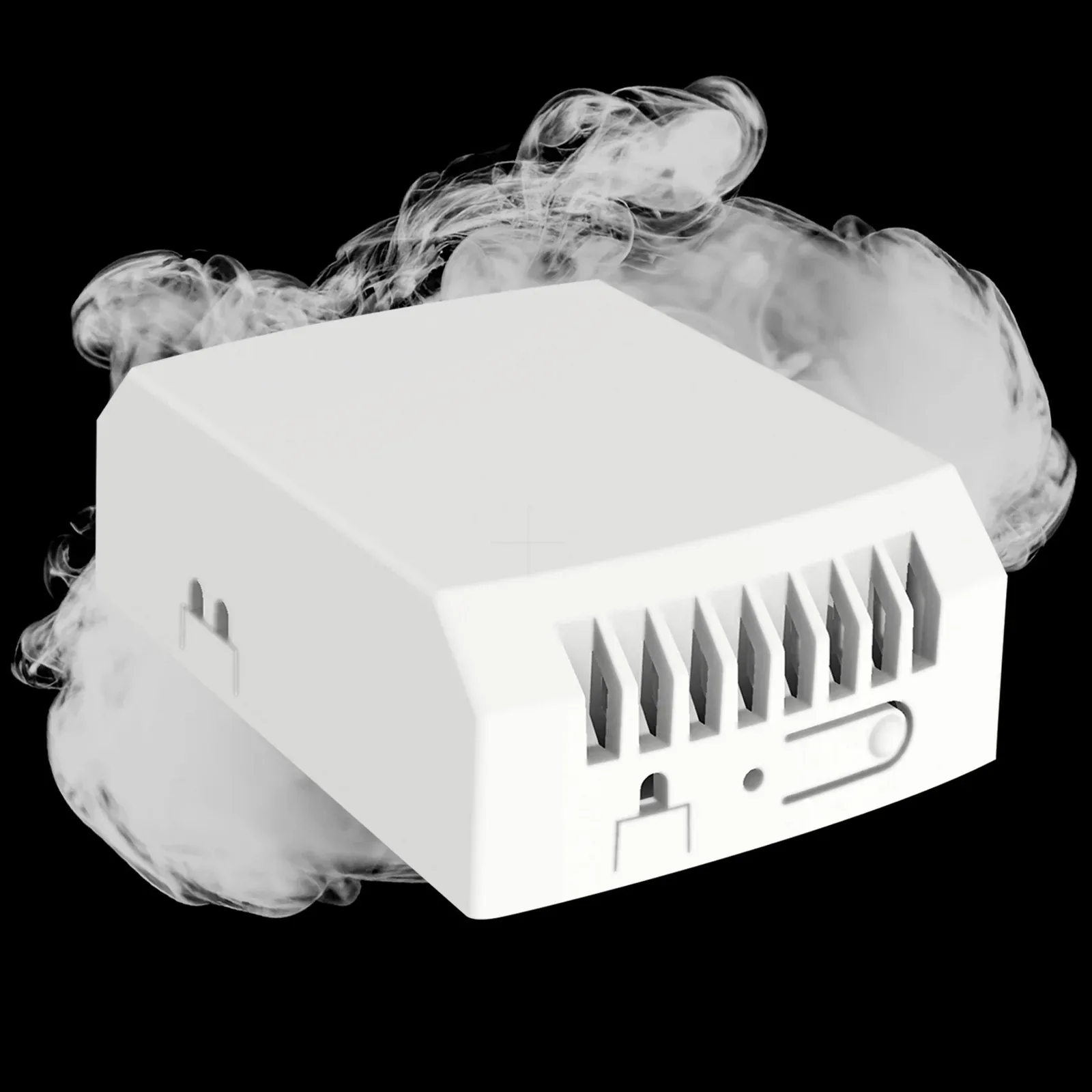 White Inovelli VTM36 ceiling-fan canopy module against a black background with white smoke