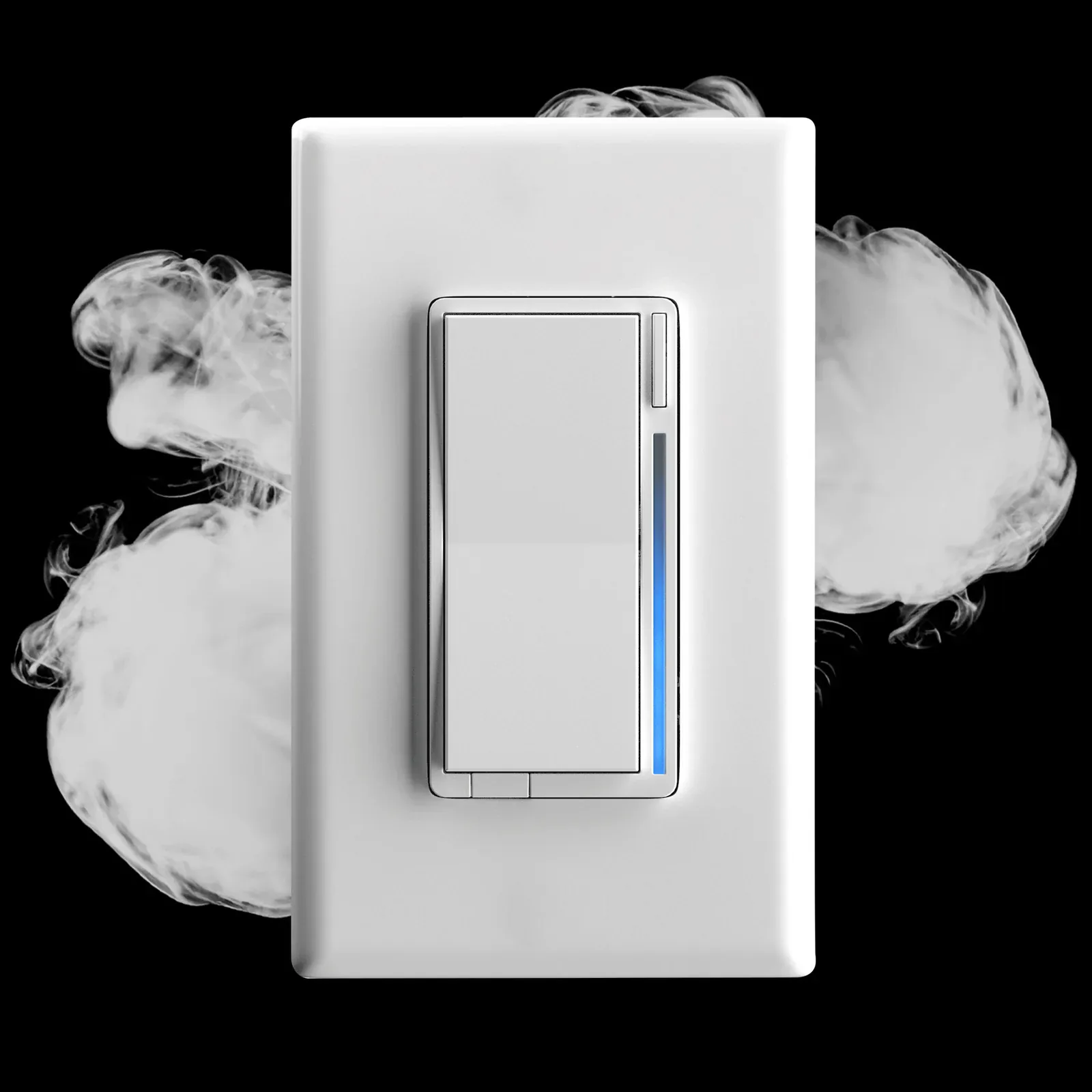 White Inovelli VTM31-SN dimmer with a blue LED bar