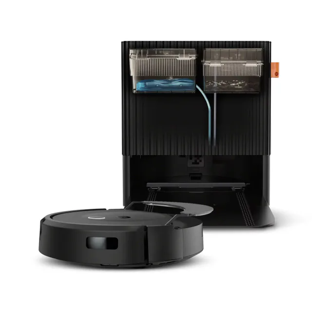 Roomba Combo 10 Max beside an AutoWash dock cutaway showing its clean and dirty water tanks