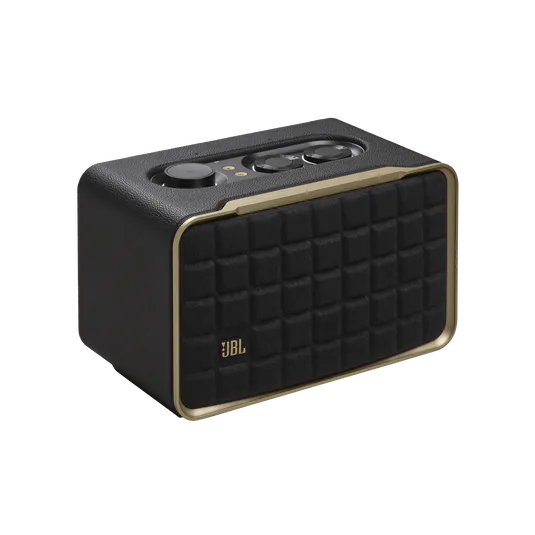 Black JBL Authentics 200 with gold trim, square grille and three top control knobs